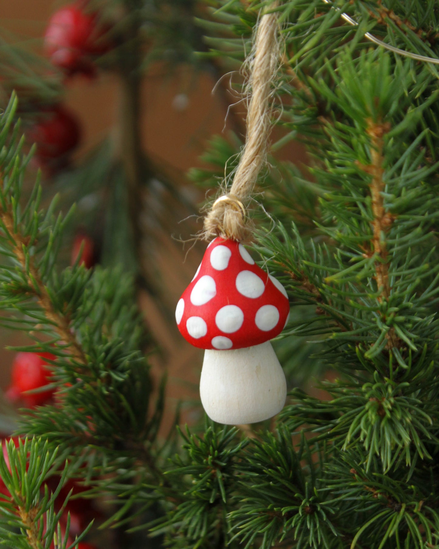 Handmade Wooden Mushroom Christmas Ornament Small