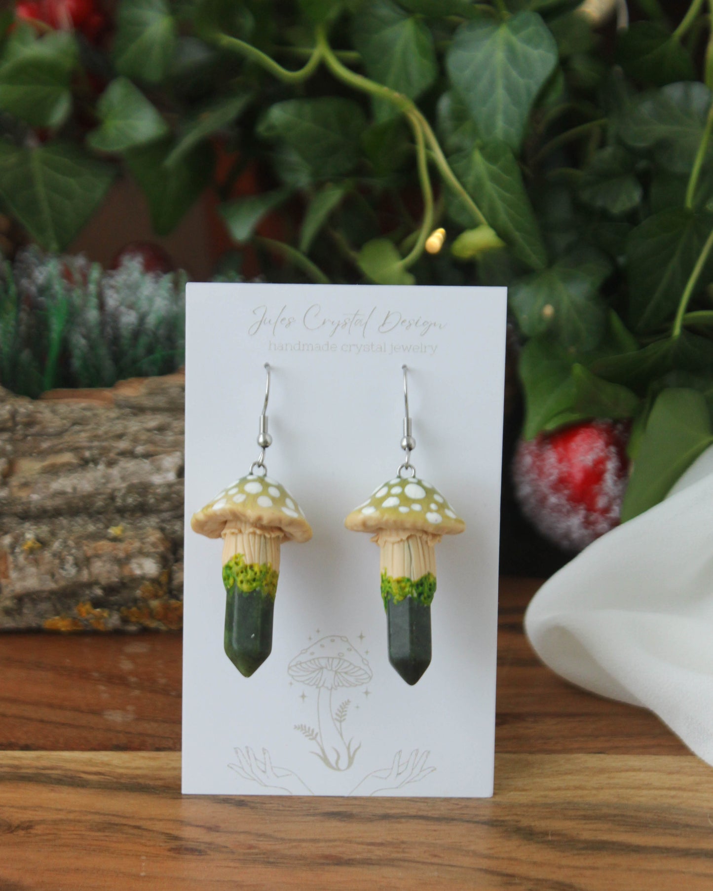 Green Mushroom Earrings with Jade