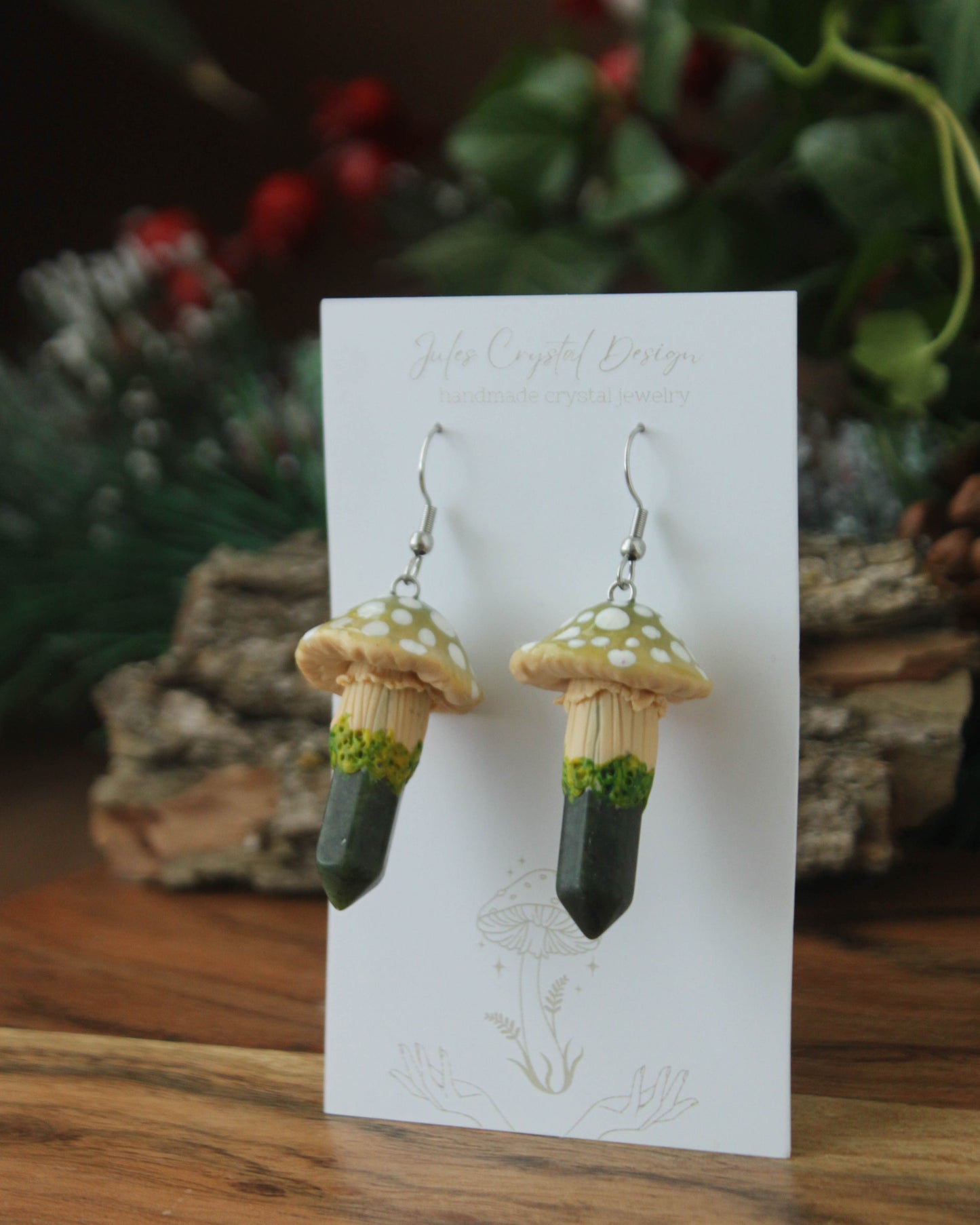 Green Mushroom Earrings with Jade