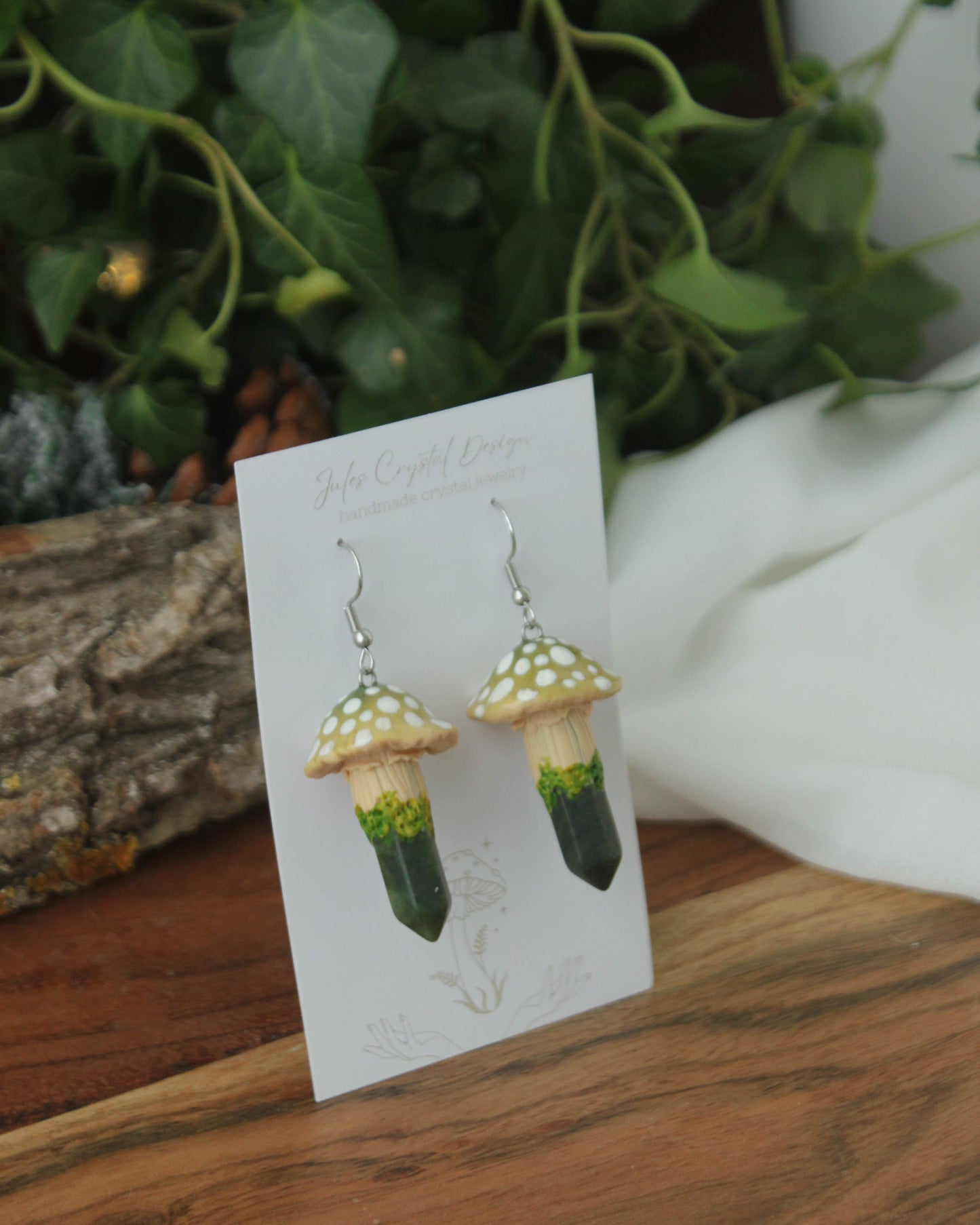 Green Mushroom Earrings with Jade