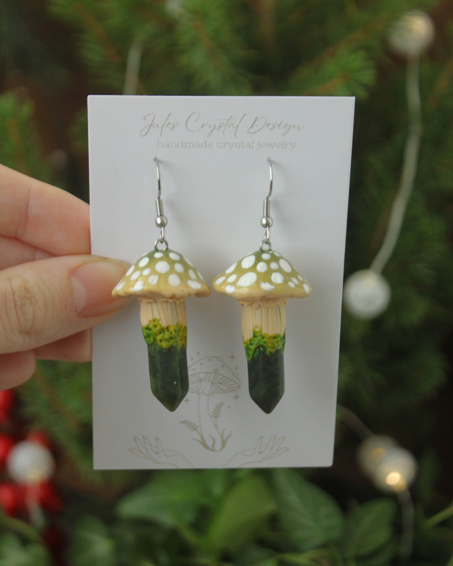 Green Mushroom Earrings with Jade