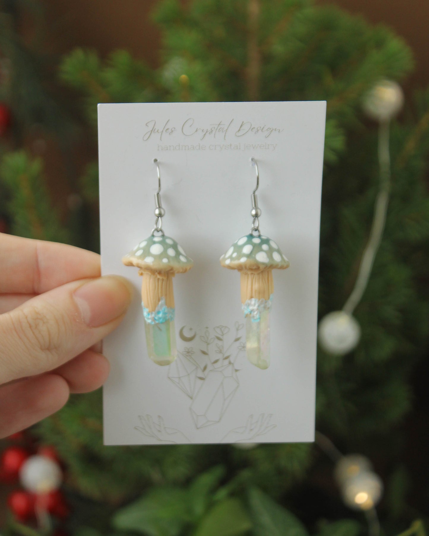 Baby Blue Mushroom Earrings with Angel Aura Quartz