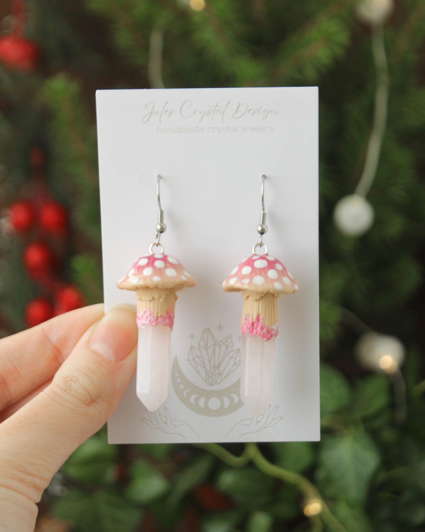 Pink Mushroom Earrings with Rose Quartz
