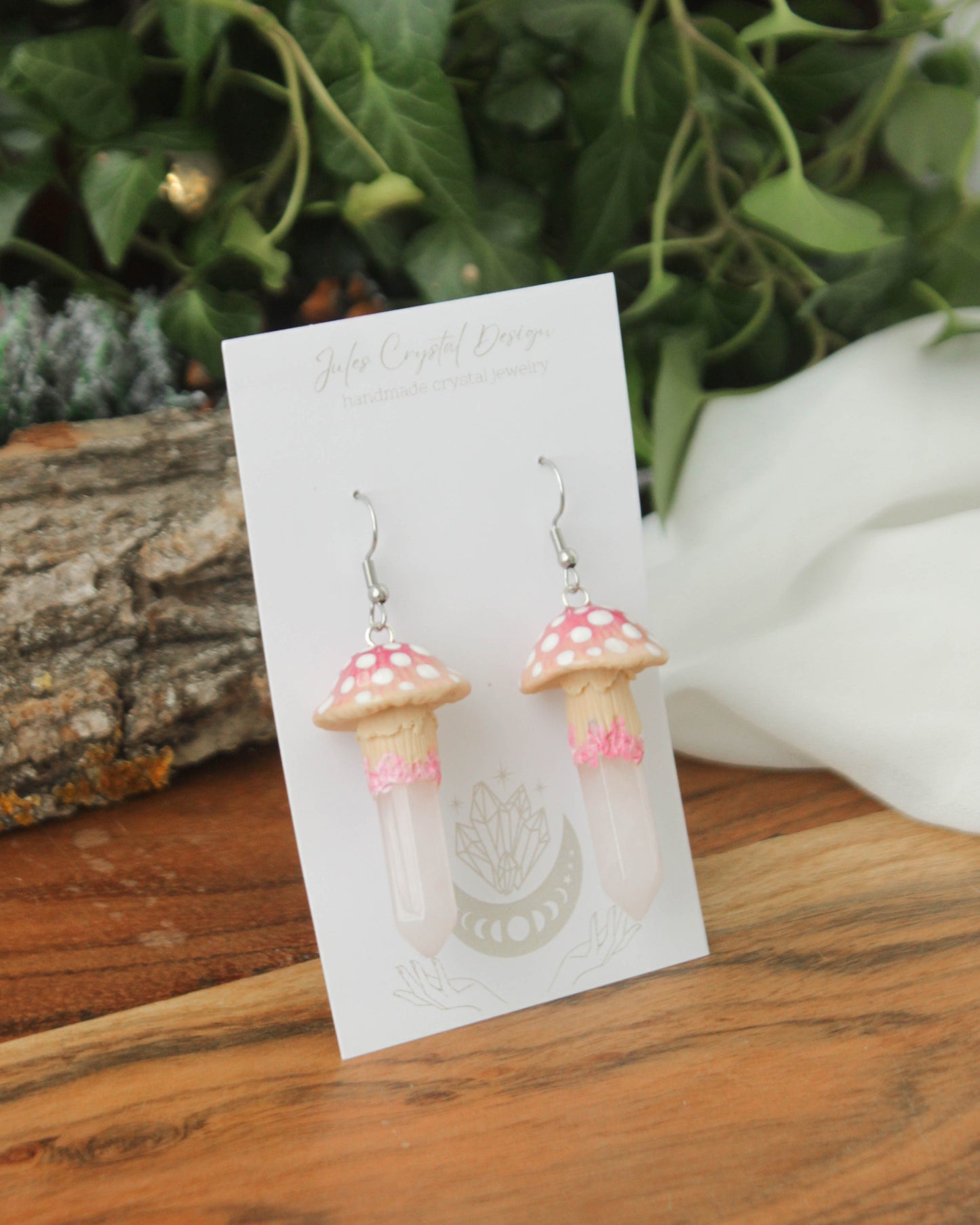 Pink Mushroom Earrings with Rose Quartz