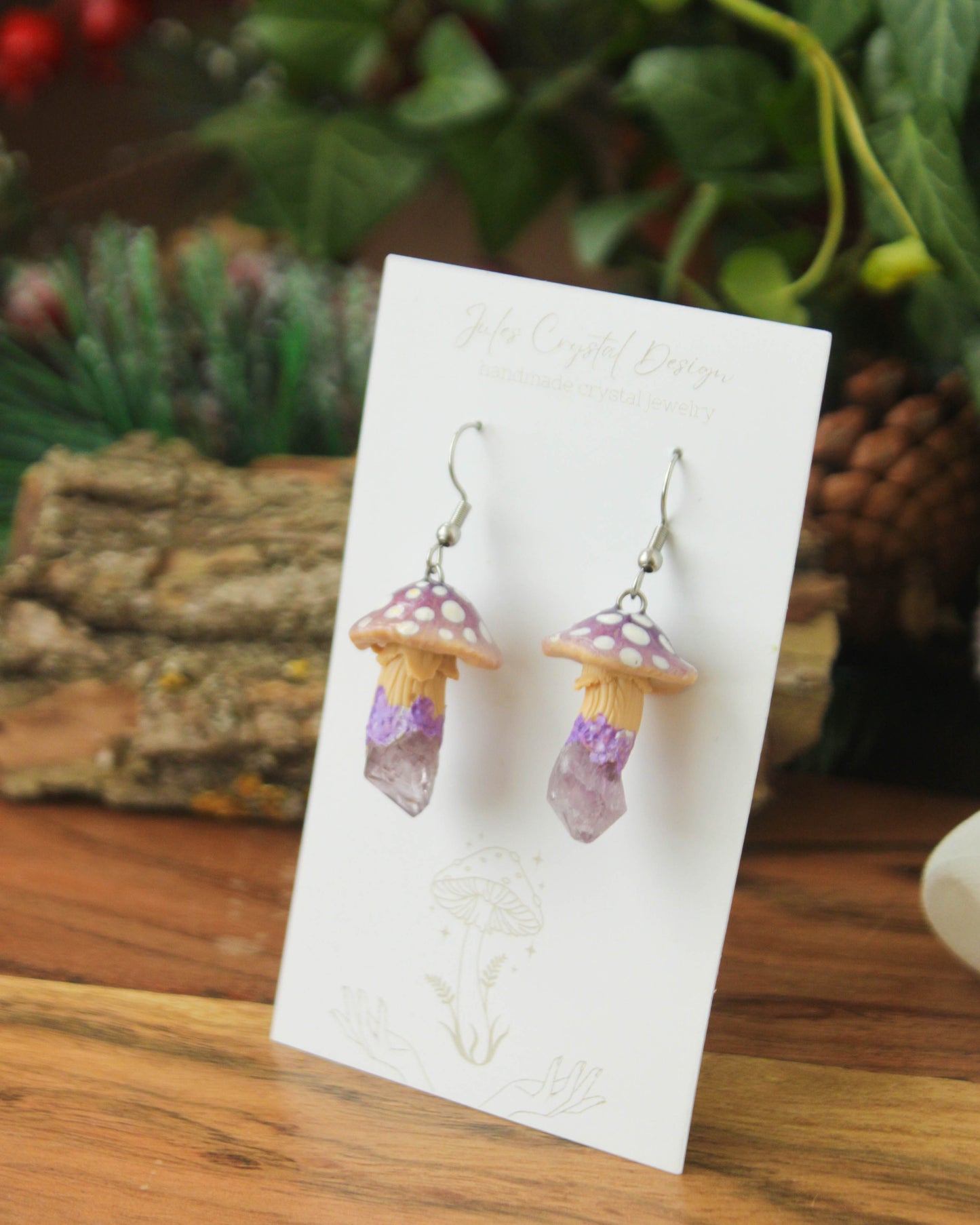 Purple Mushroom Earrings with Raw Amethyst