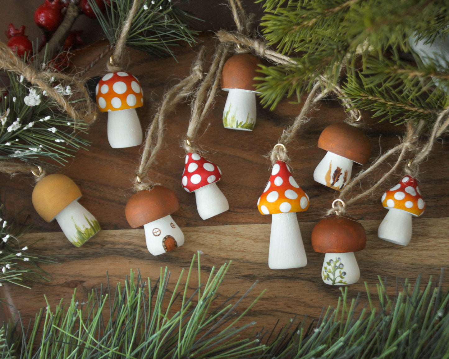 Handmade Wooden Mushroom Christmas Ornament Small