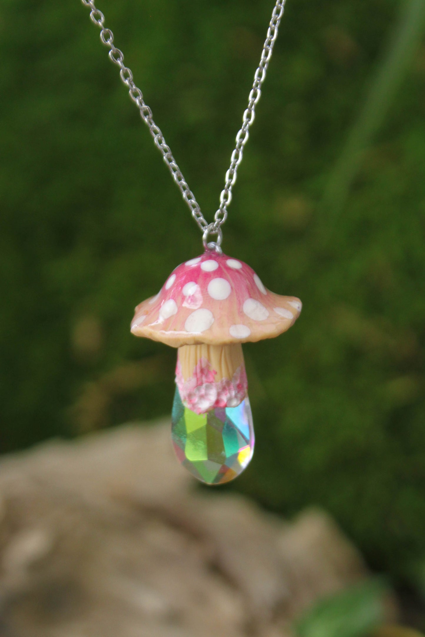 Pink Mushroom Necklace with Rainbow Glass