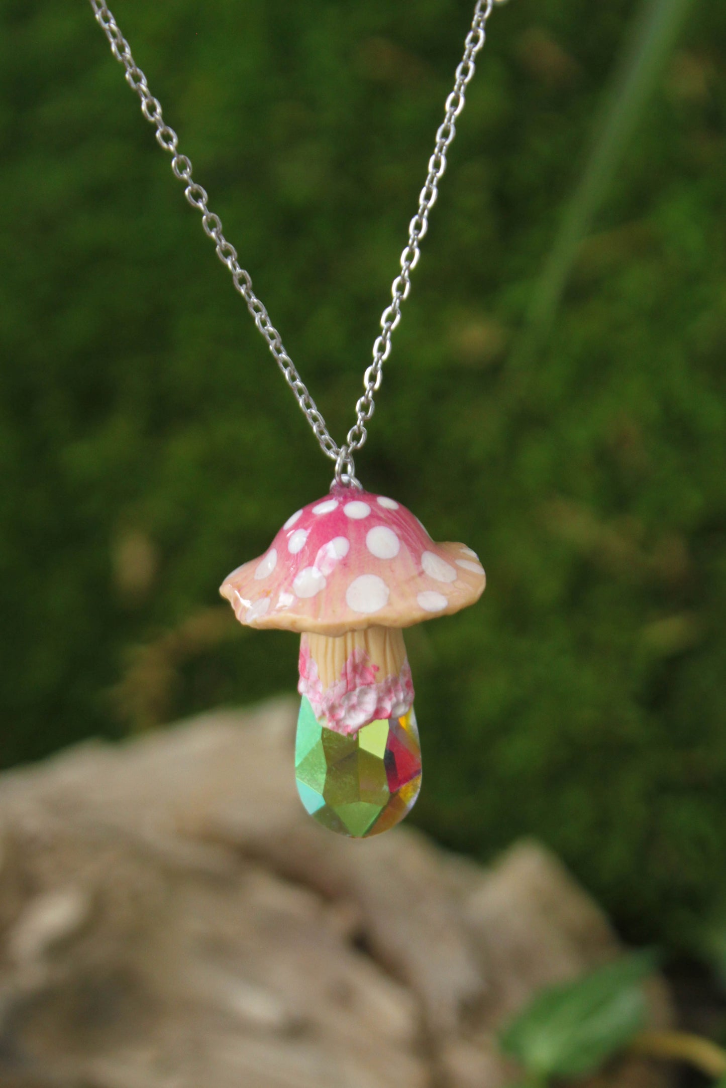 Pink Mushroom Necklace with Rainbow Glass