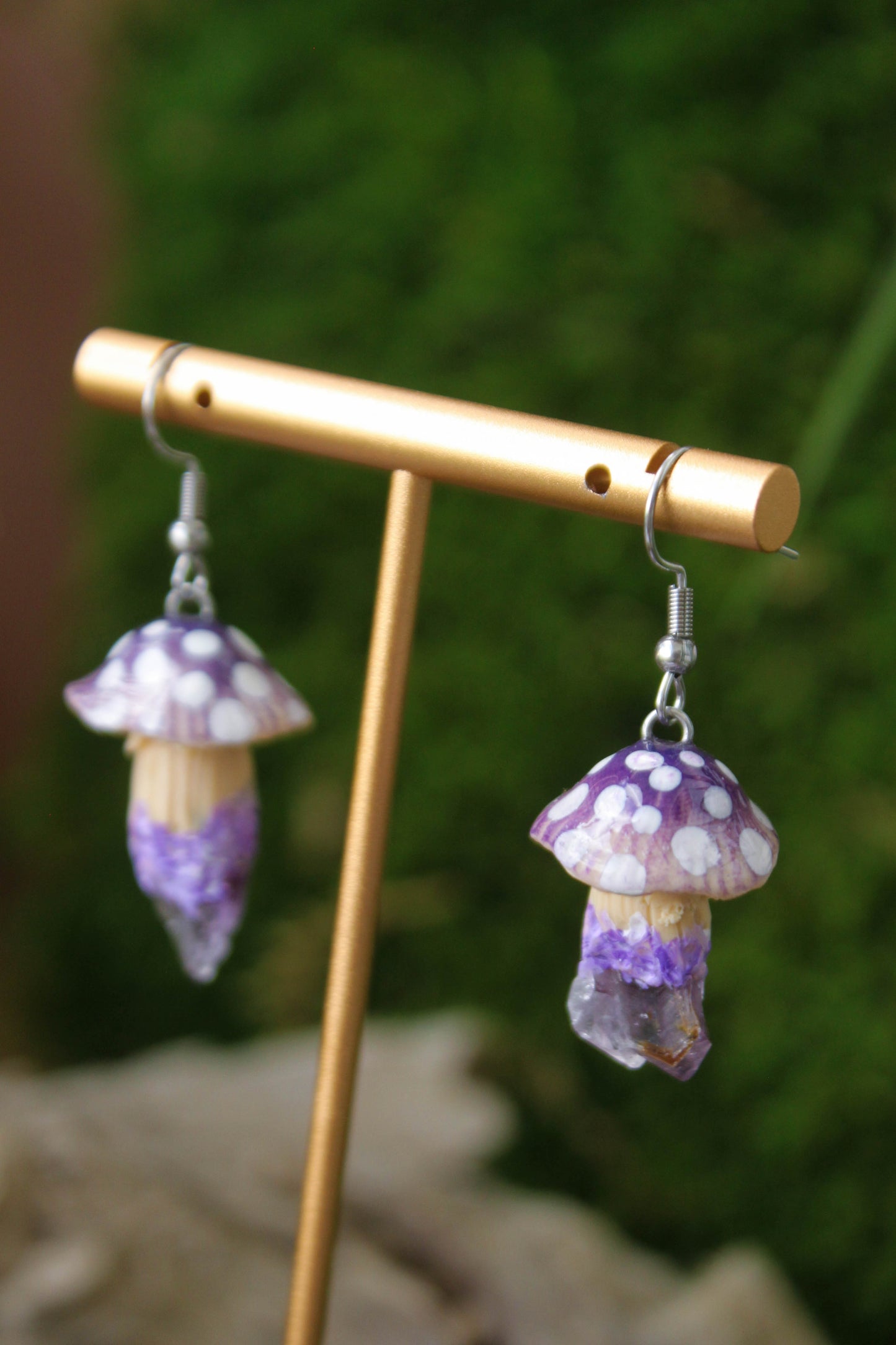 Purple Mushroom Earrings with Raw Amethyst