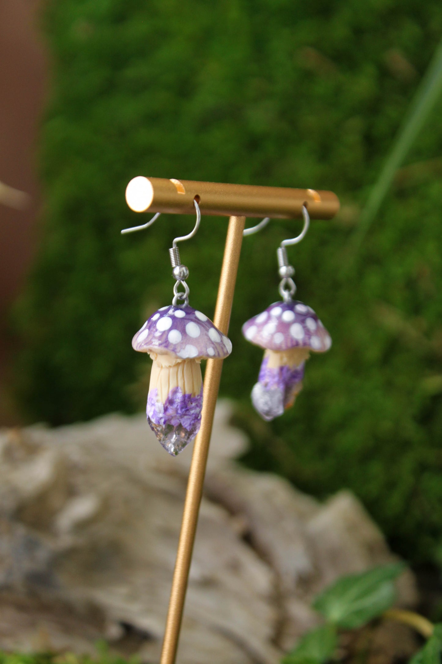 Purple Mushroom Earrings with Raw Amethyst
