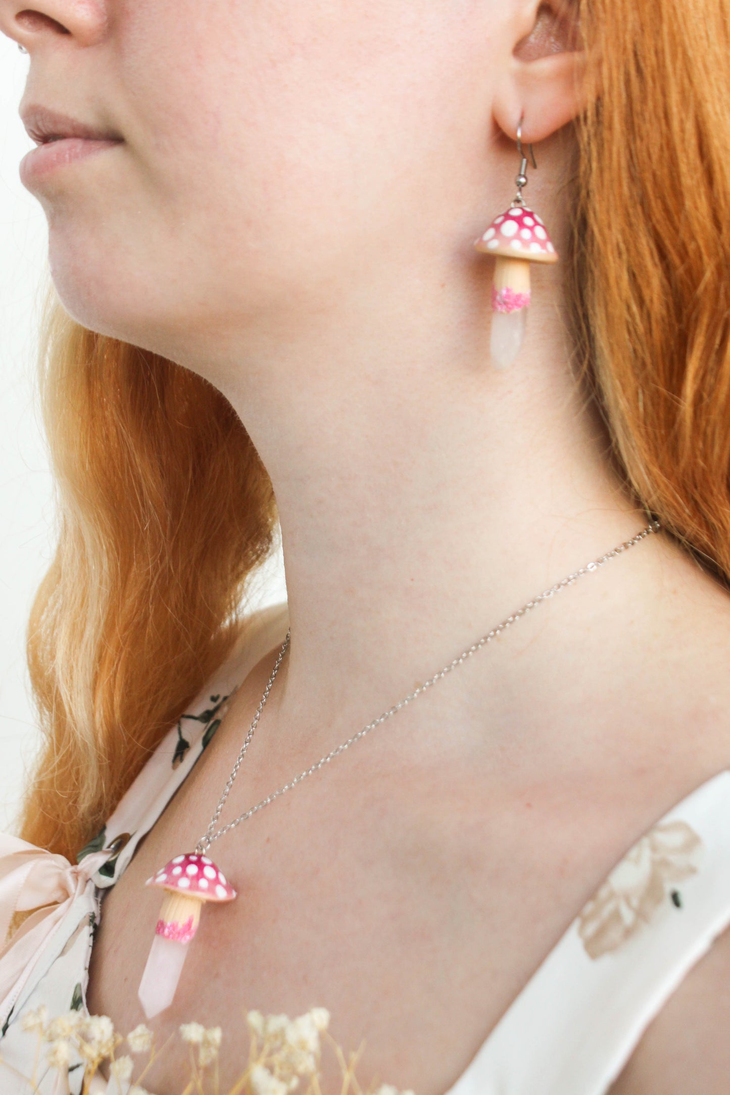 Pink Mushroom Necklace with Rose Quartz