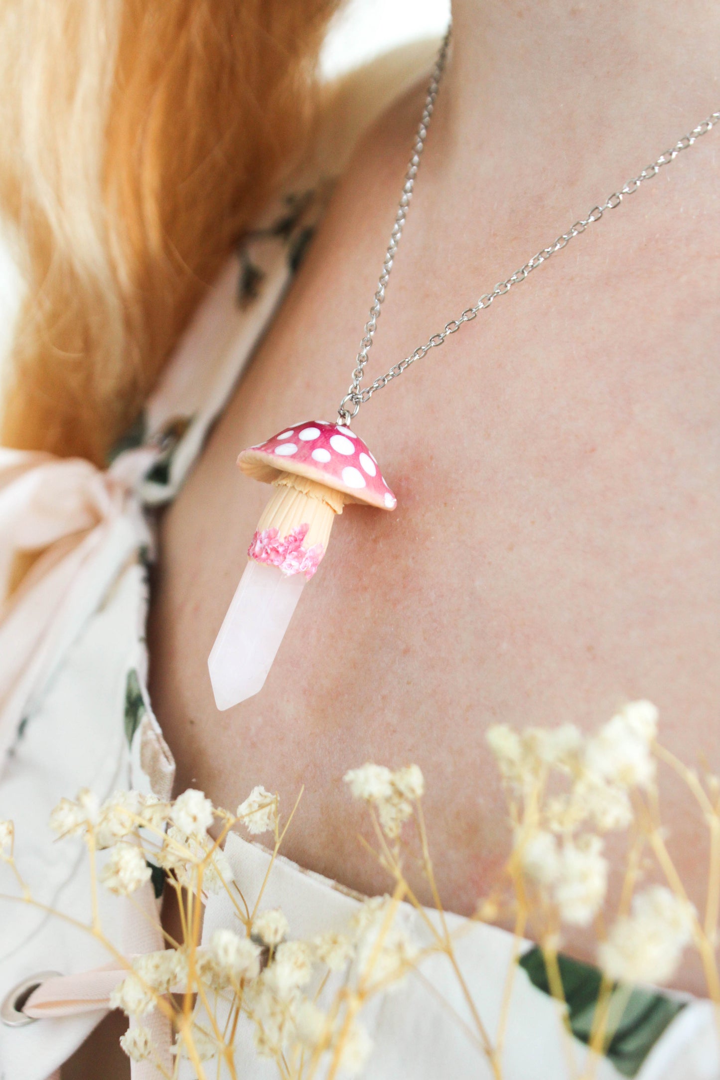 Pink Mushroom Necklace with Rose Quartz