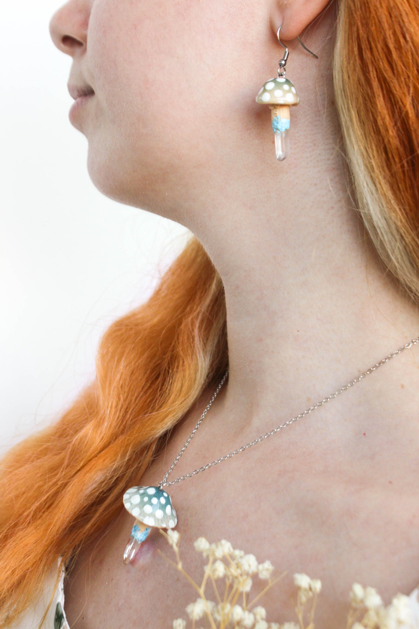 Blue Mushroom Necklace with Rainbow Glass