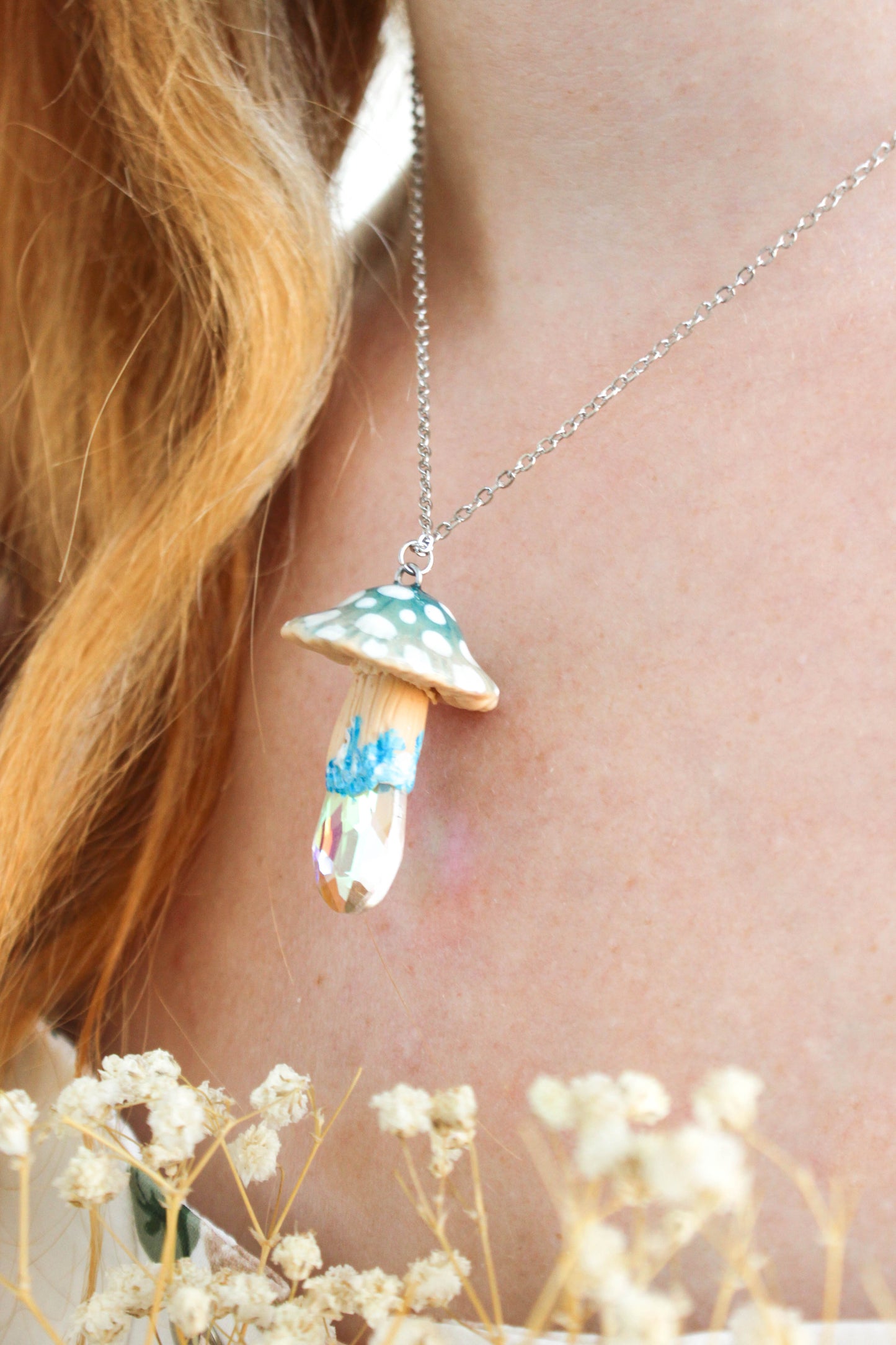 Blue Mushroom Necklace with Rainbow Glass