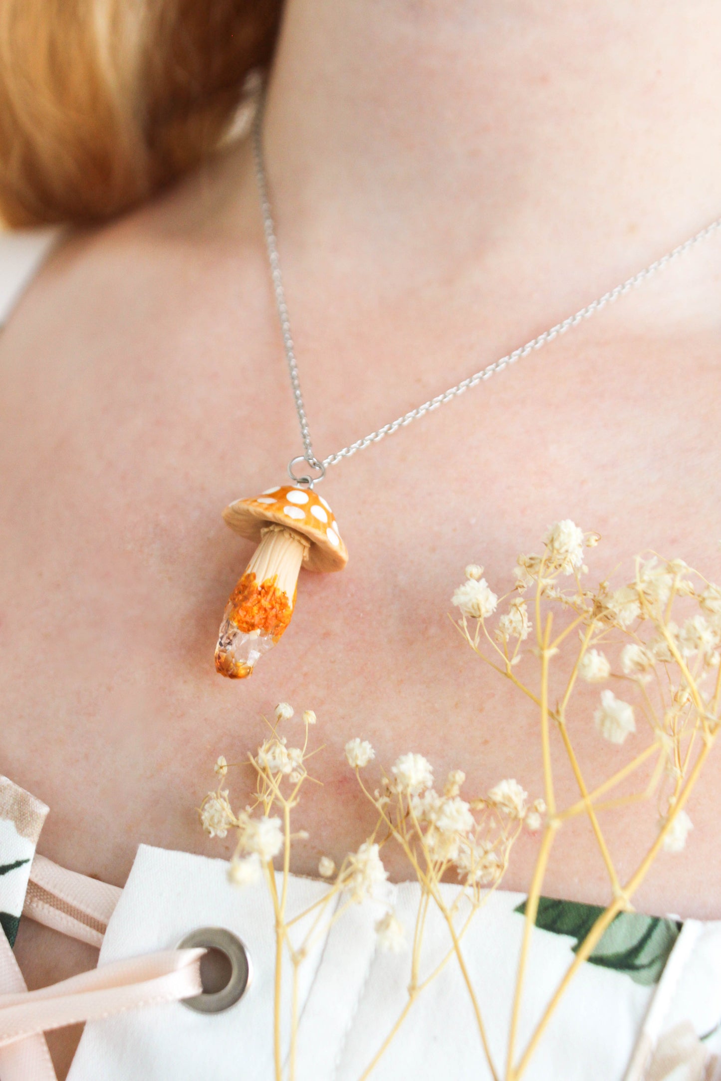 Beige Mushroom Necklace with Raw Citrine