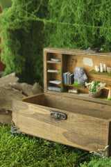 Wooden Owl Box with Miniature Forest Cabinet