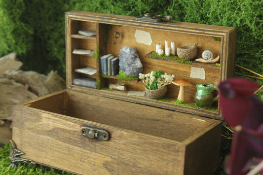 Wooden Owl Box with Miniature Forest Cabinet