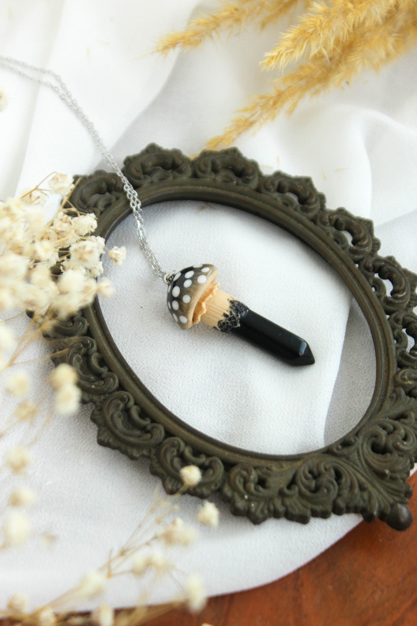 Black Mushroom Necklace with Obsidian