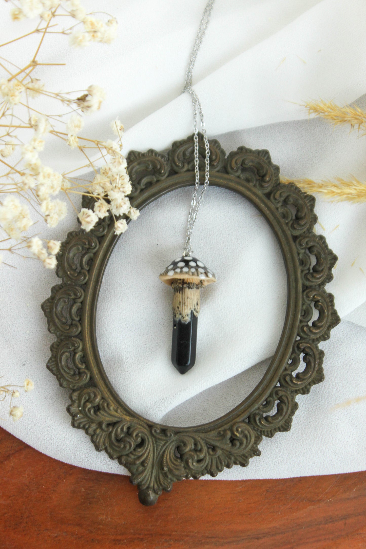 Black Mushroom Necklace with Obsidian