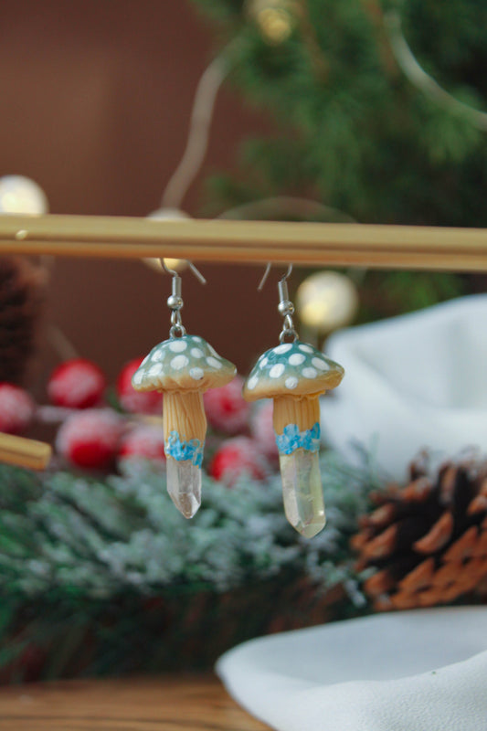 Baby Blue Mushroom Earrings with Angel Aura Quartz