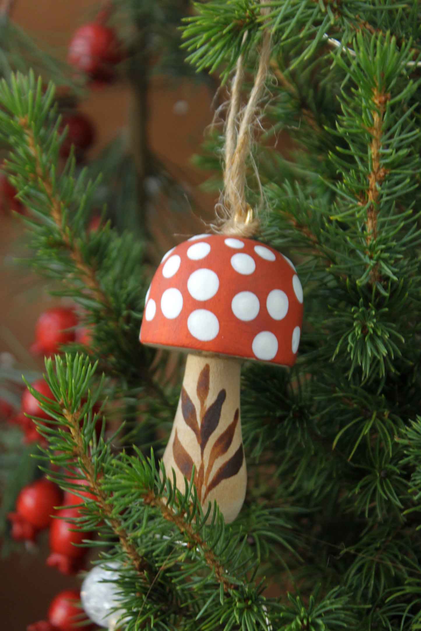 Handmade Wooden Mushroom Christmas Ornament Large