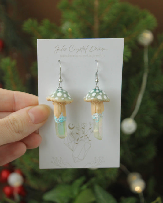 Baby Blue Mushroom Earrings with Angel Aura Quartz