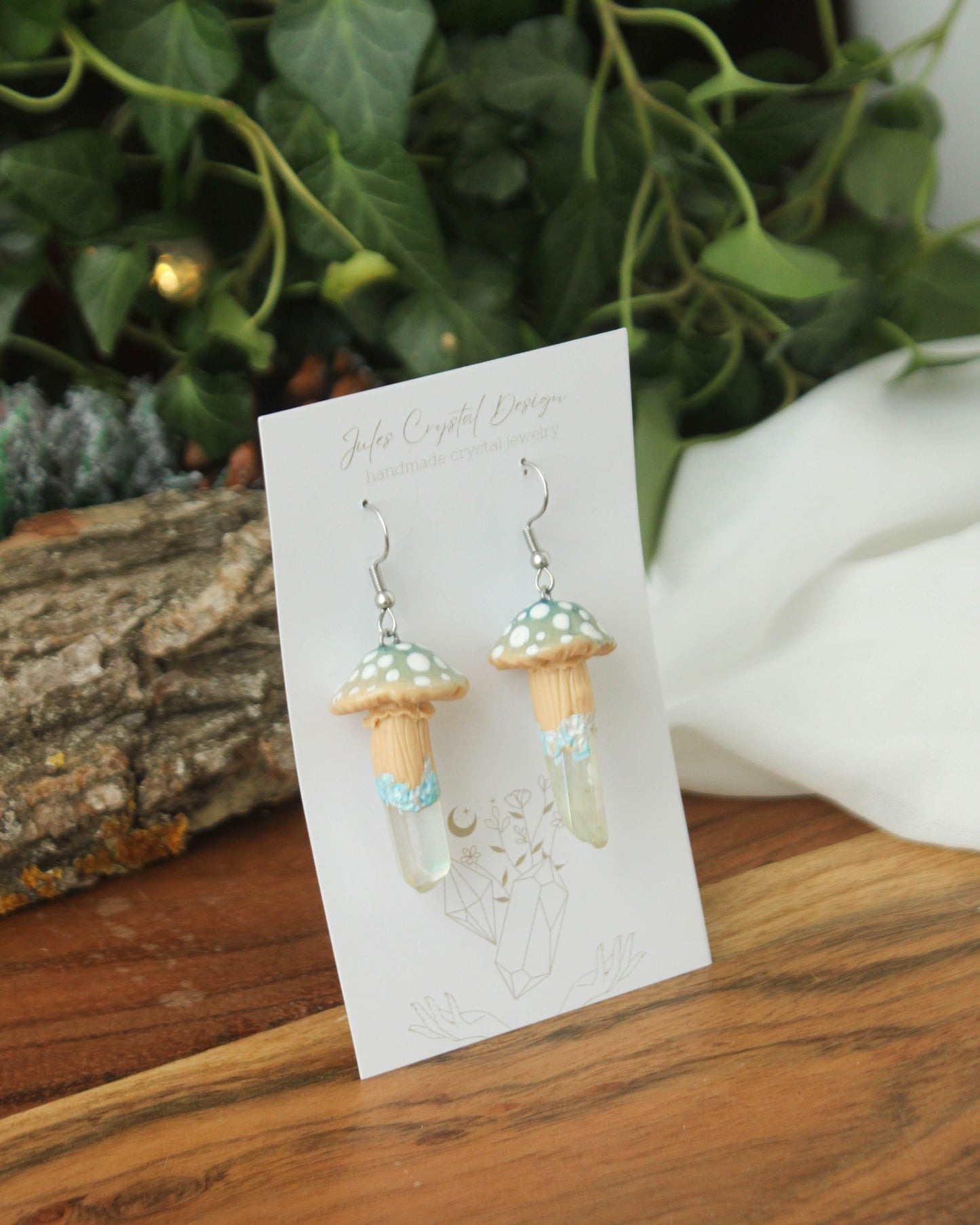 Baby Blue Mushroom Earrings with Angel Aura Quartz