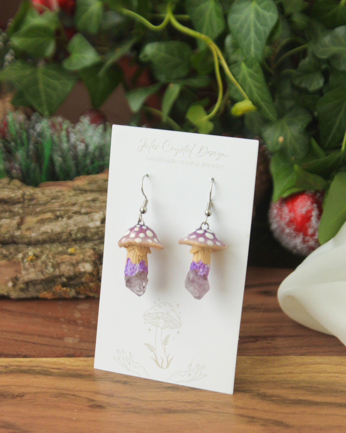 Purple Mushroom Earrings with Raw Amethyst