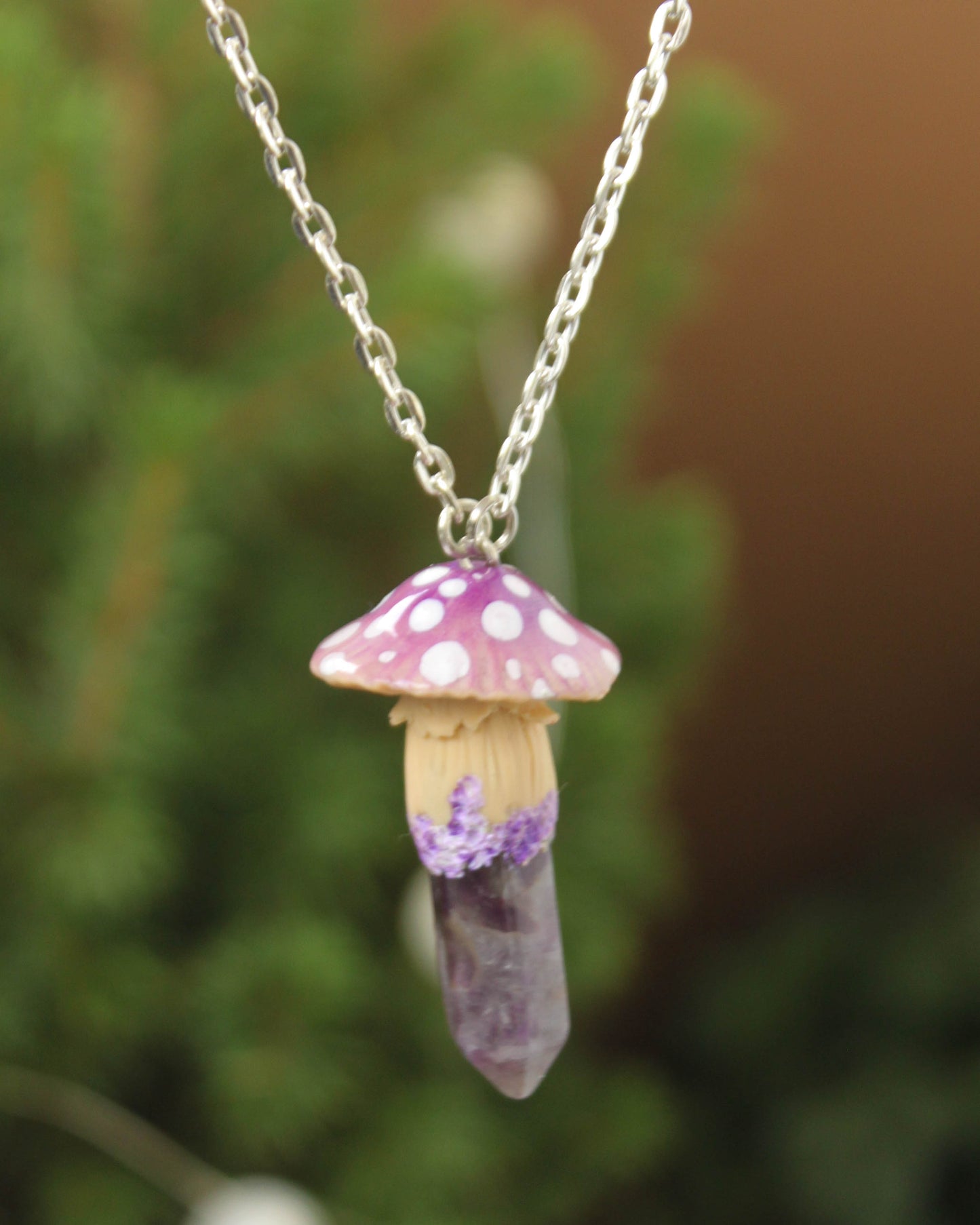 Purple Mushroom Necklace with Amethyst