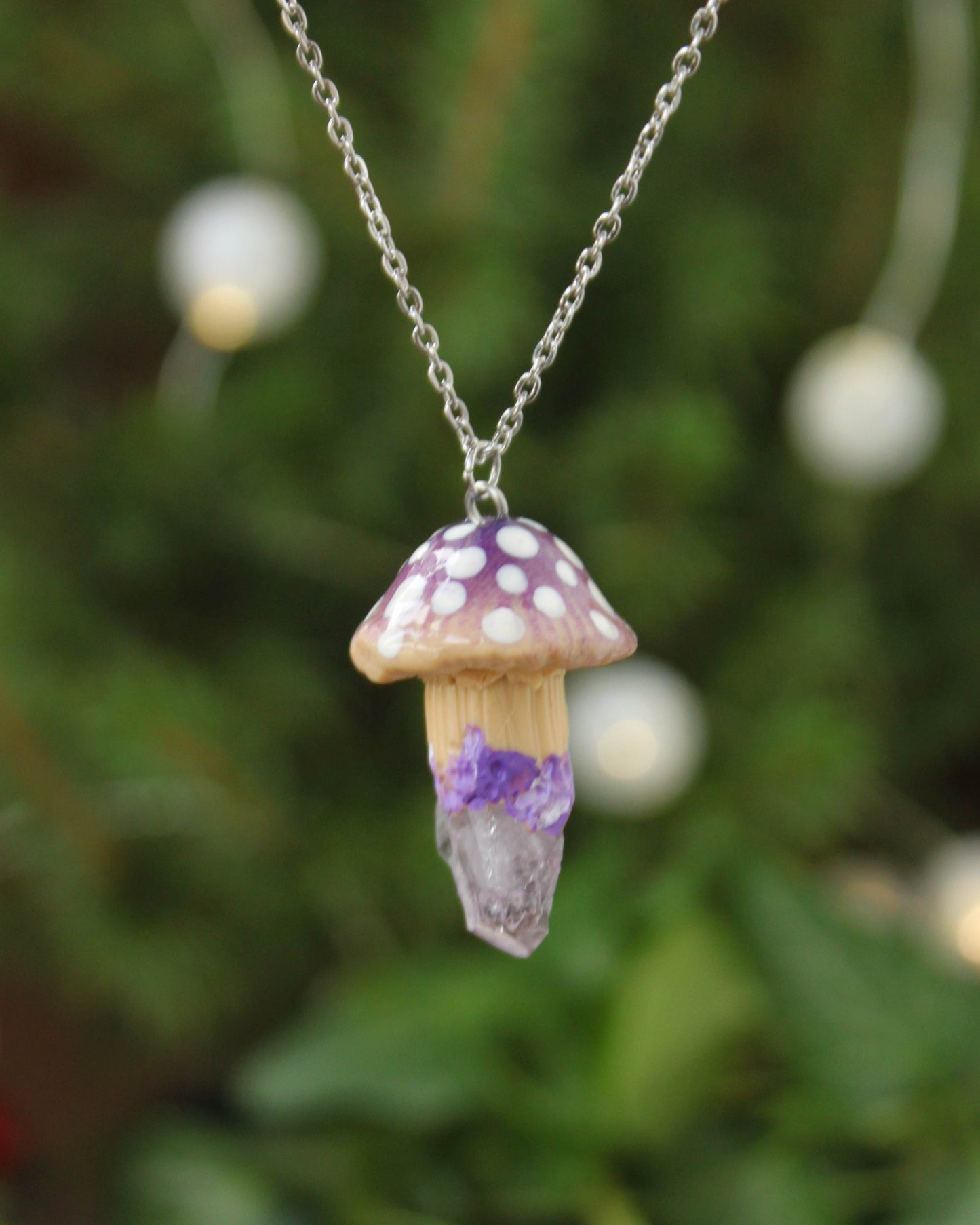 Purple Mushroom Necklace with Amethyst