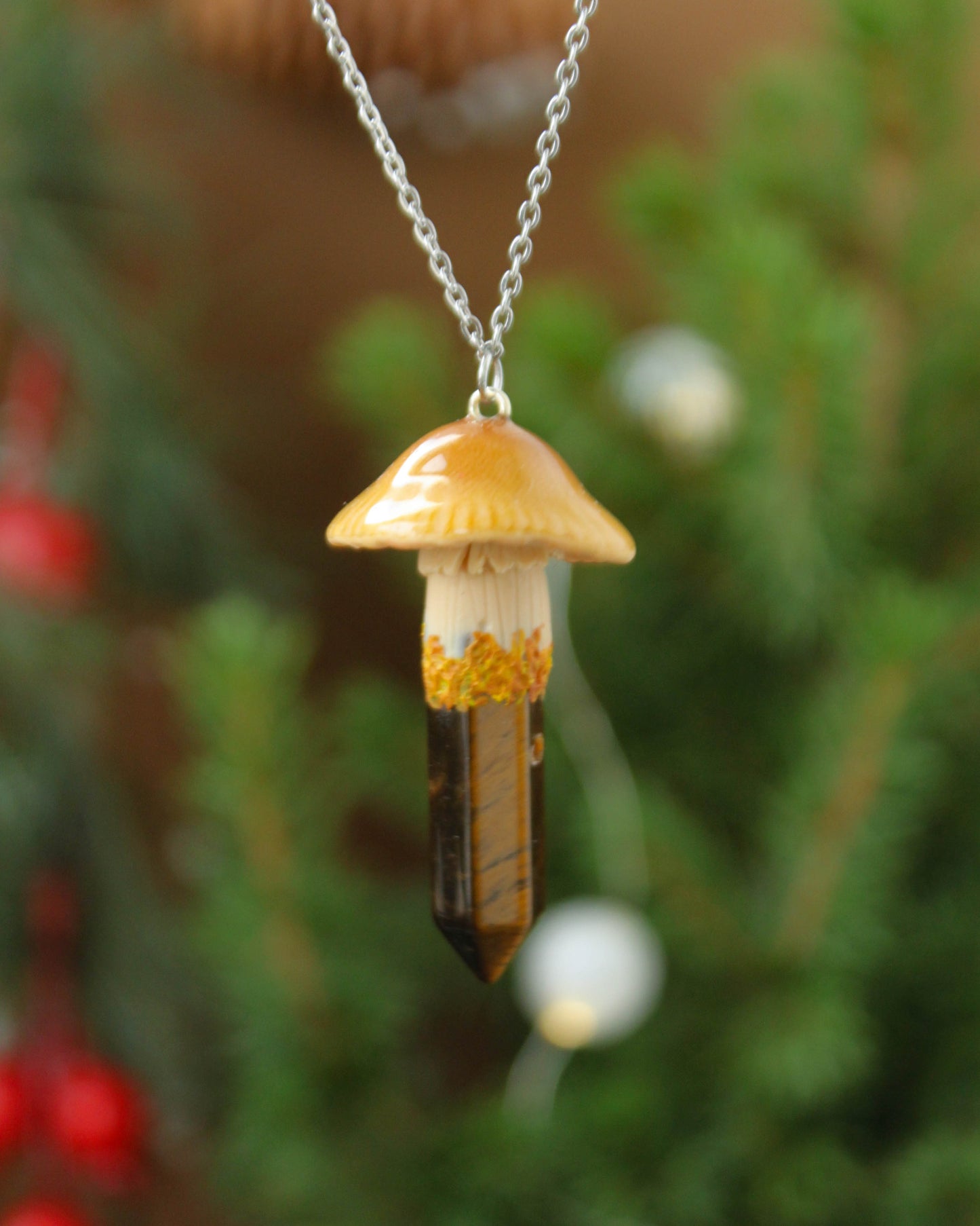 Beige Mushroom Necklace with Tiger's Eye