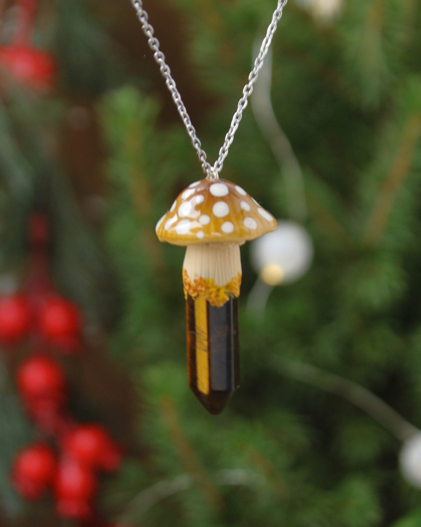 Beige Mushroom Necklace with Tiger's Eye