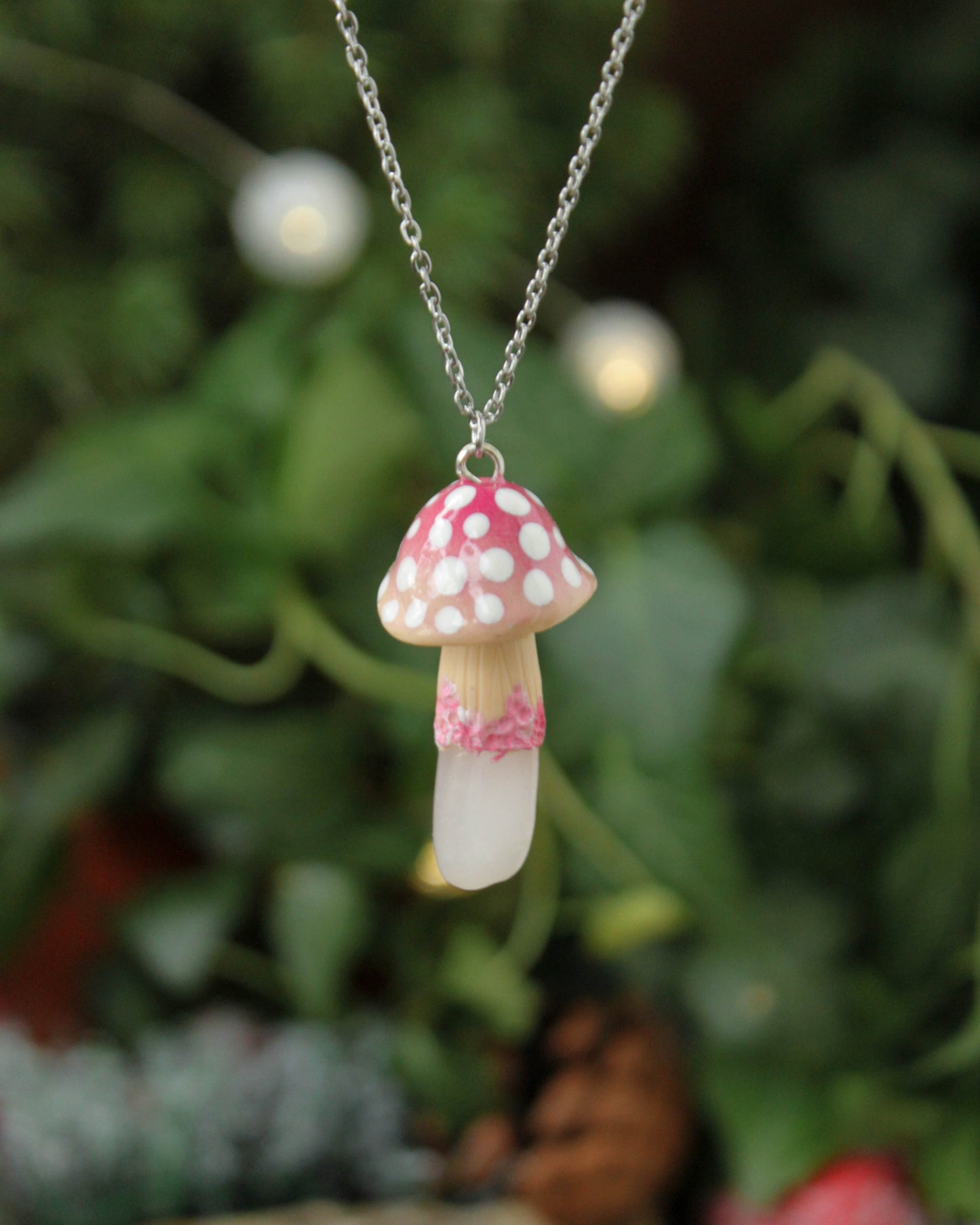 Pink Mushroom Necklace with Rose Quartz