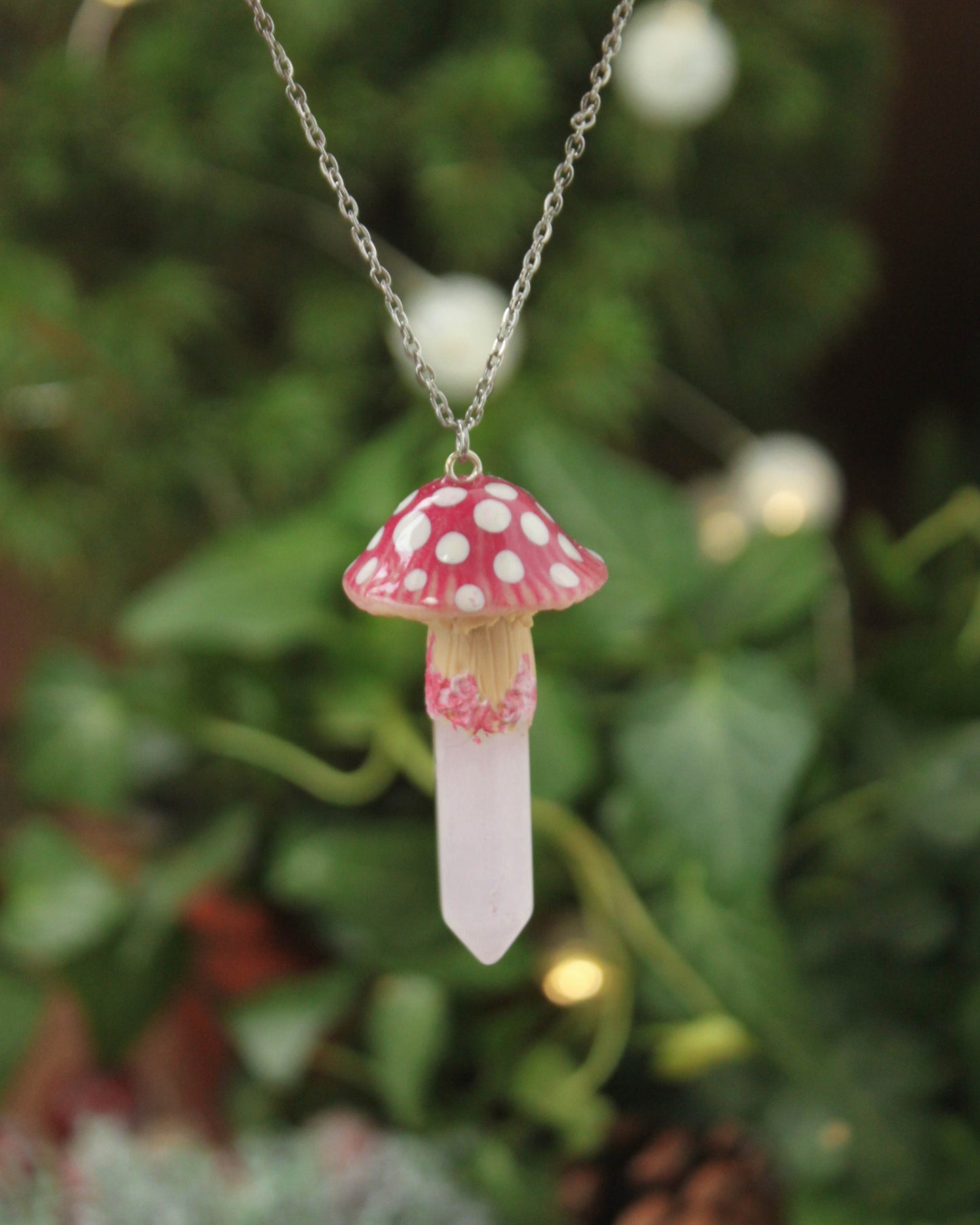 Pink Mushroom Necklace with Rose Quartz