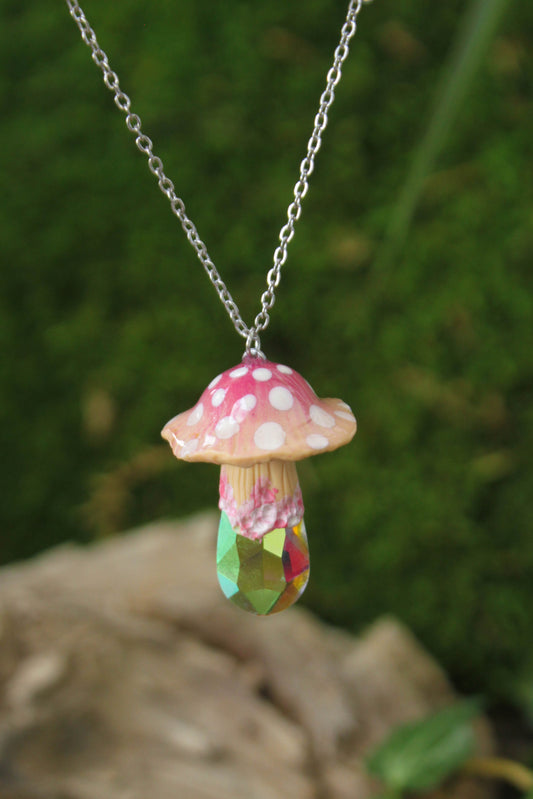 Pink Mushroom Necklace with Rainbow Glass