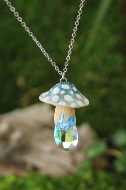 Blue Mushroom Necklace with Rainbow Glass