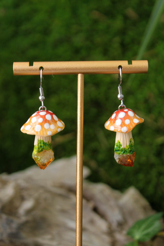 Red Mushroom Earrings with Raw Citrine