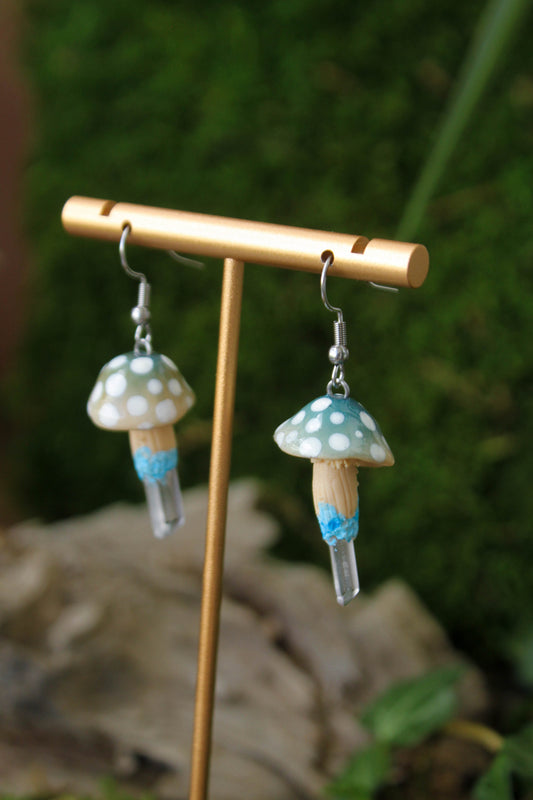 Blue Mushroom Earrings with Quartz