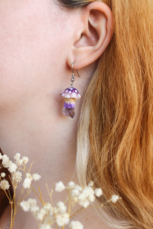 Purple Mushroom Earrings with Raw Amethyst