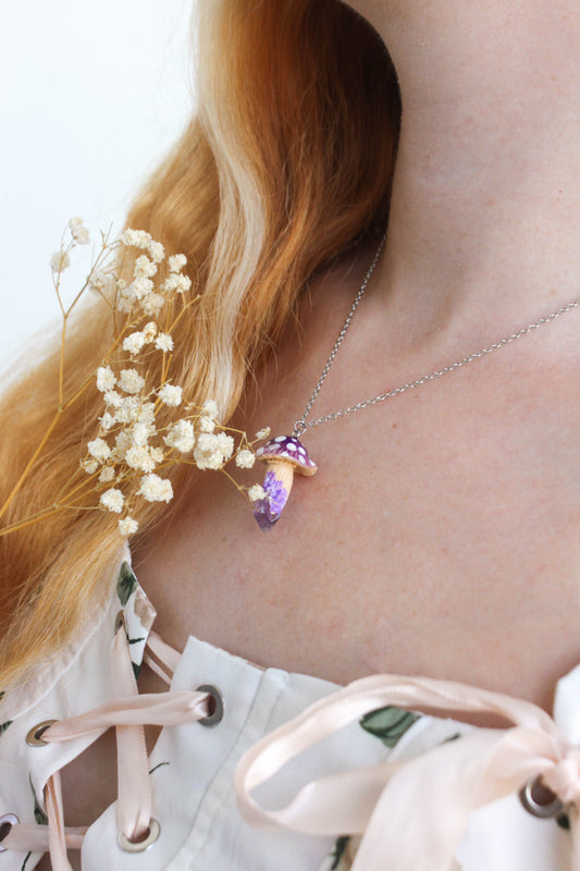 Purple Mushroom Necklace with Amethyst
