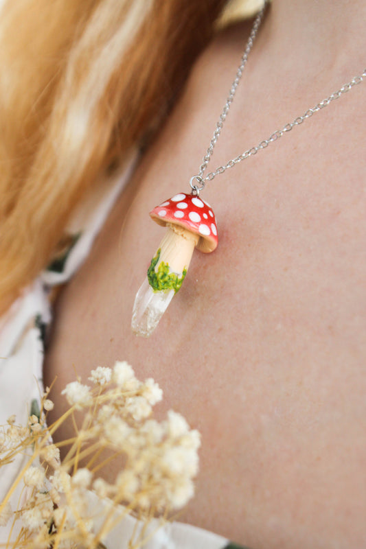 Red Mushroom Necklace with Clear Quartz