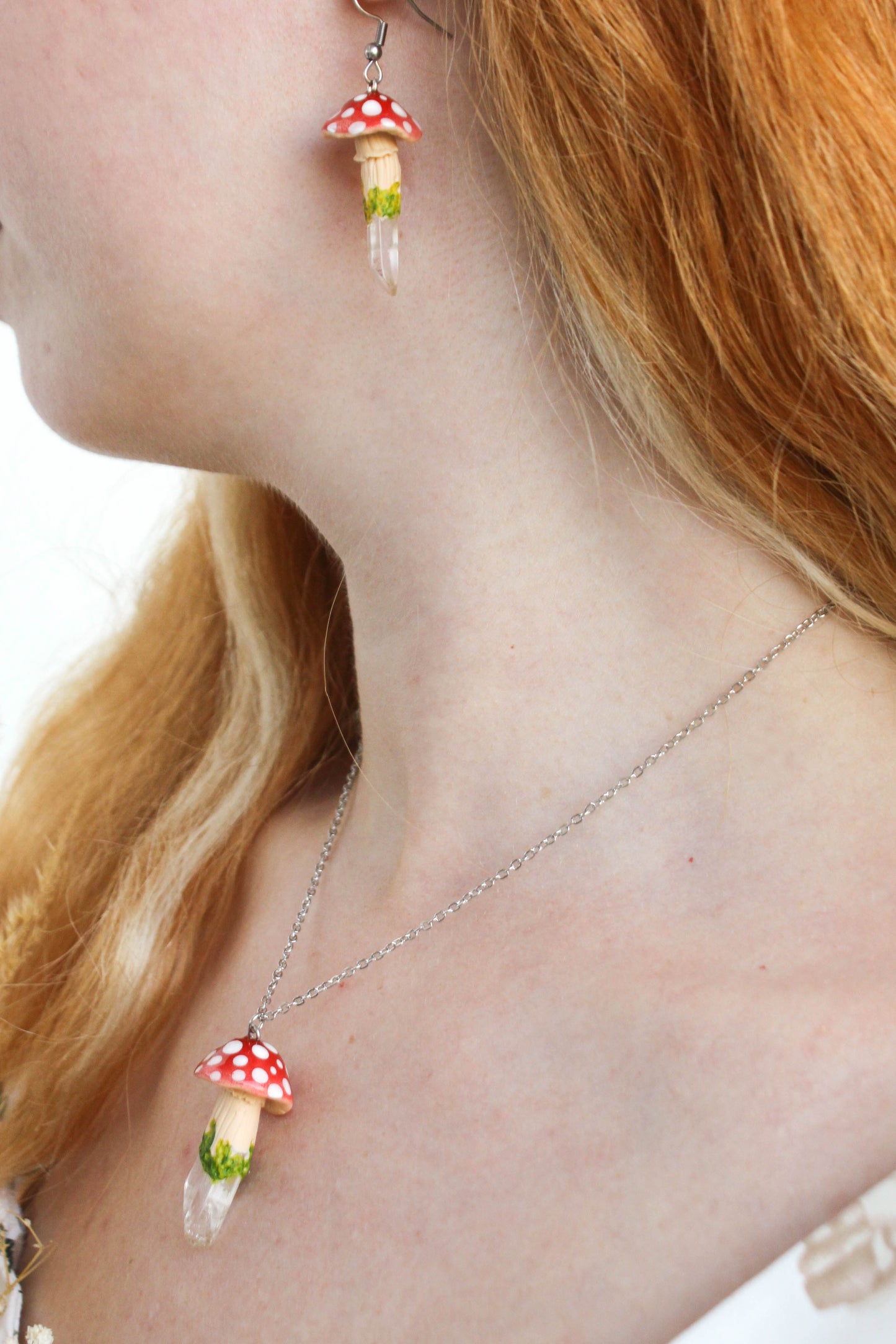 Red Mushroom Necklace with Clear Quartz