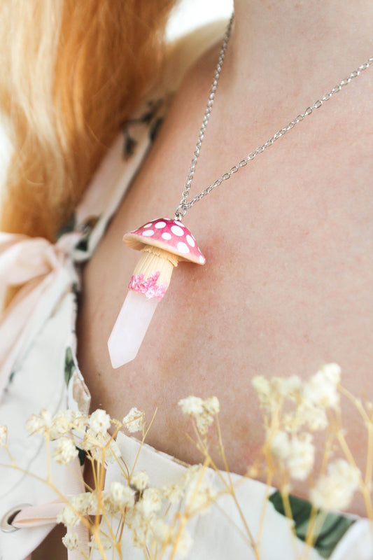 Pink Mushroom Necklace with Rose Quartz