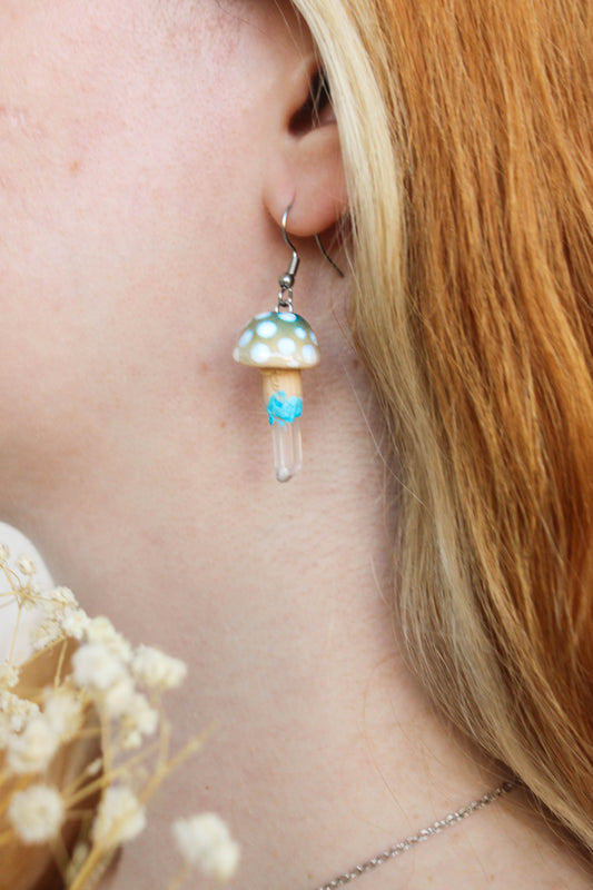 Blue Mushroom Earrings with Quartz