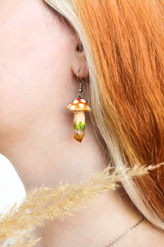 Red Mushroom Earrings with Raw Citrine