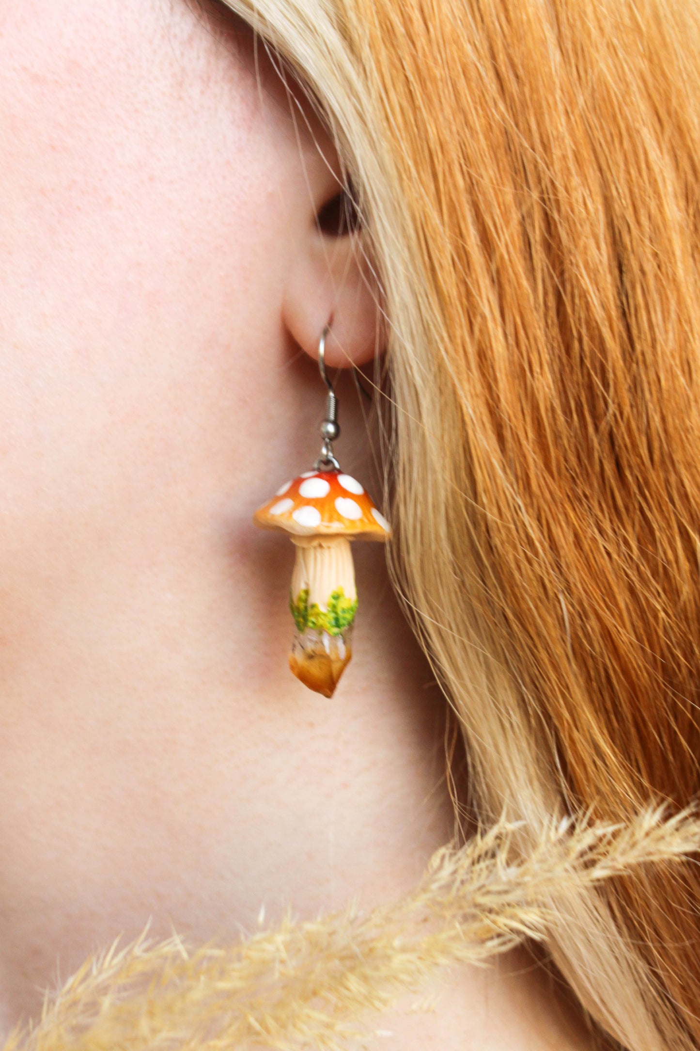 Red Mushroom Earrings with Raw Citrine