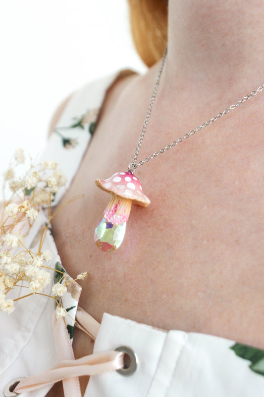 Pink Mushroom Necklace with Rainbow Glass