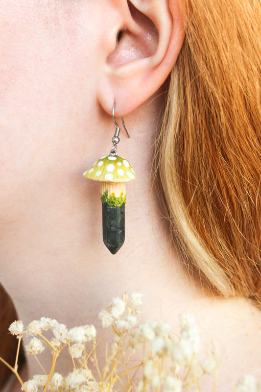 Green Mushroom Earrings with Jade