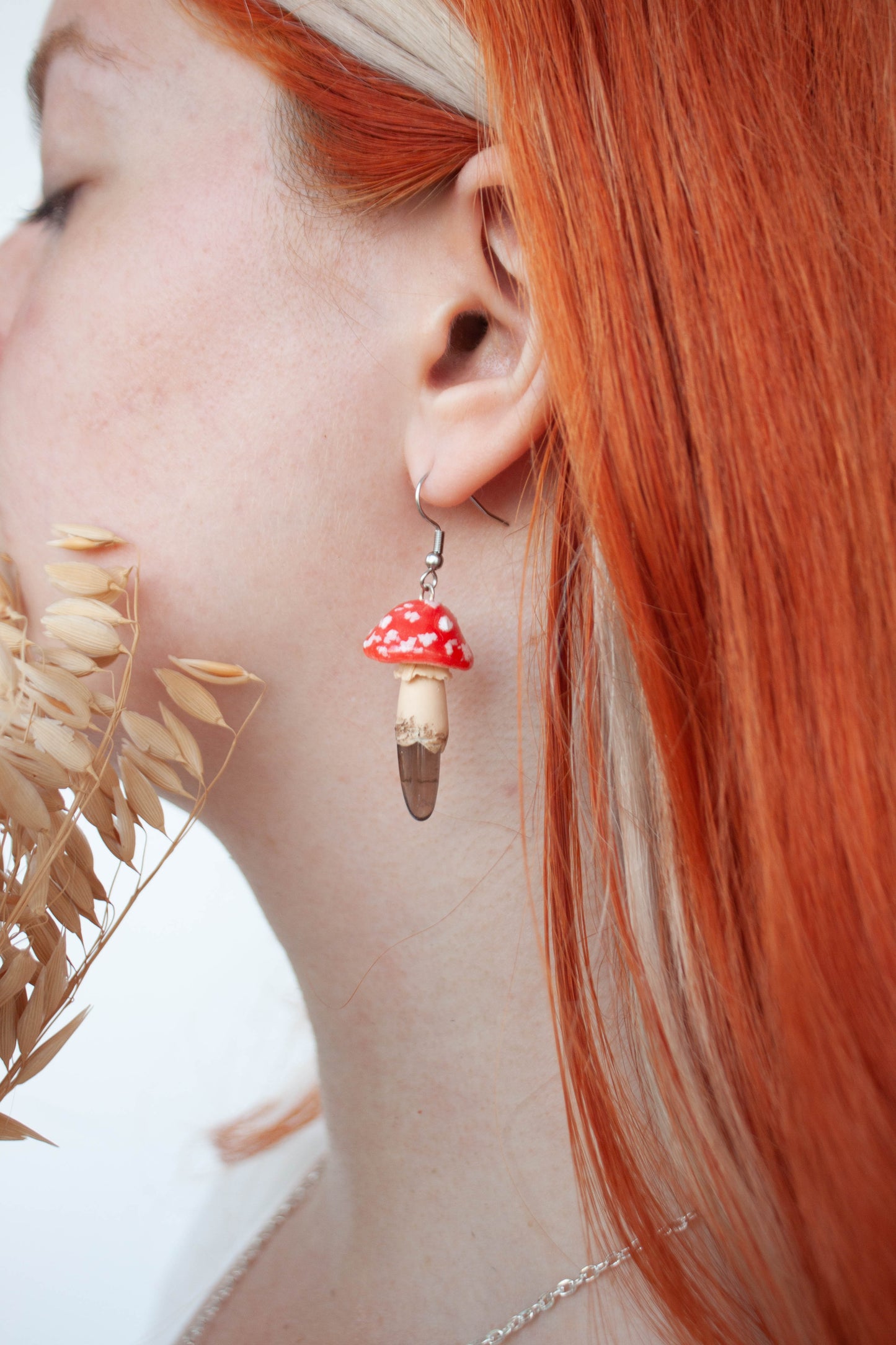 Red Mushroom Earrings with Smoky Quartz