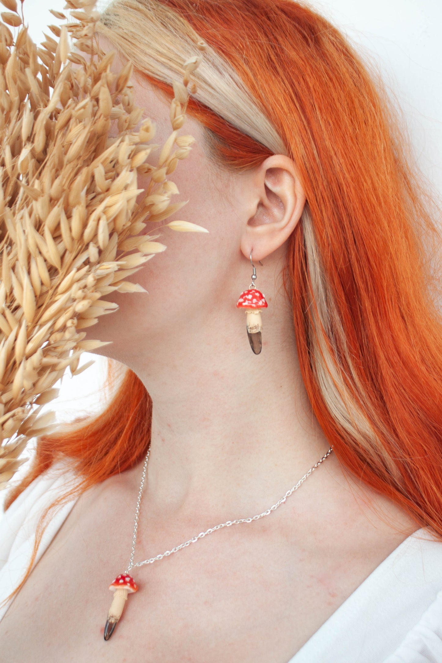 Red Mushroom Necklace with Clear Quartz